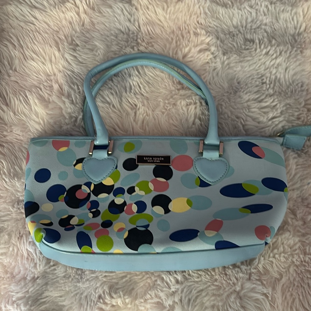 Kate Spade baby blue small handbag with multicolored polka dots